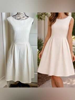 Ann Taylor Textured Contrast Trim Sleeveless Fit & Flare Dress White Sz M